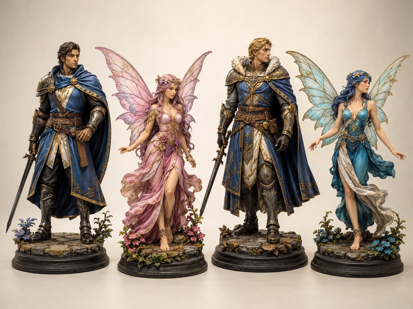 Hand-painted collectible statues of fantasy warriors and fairies