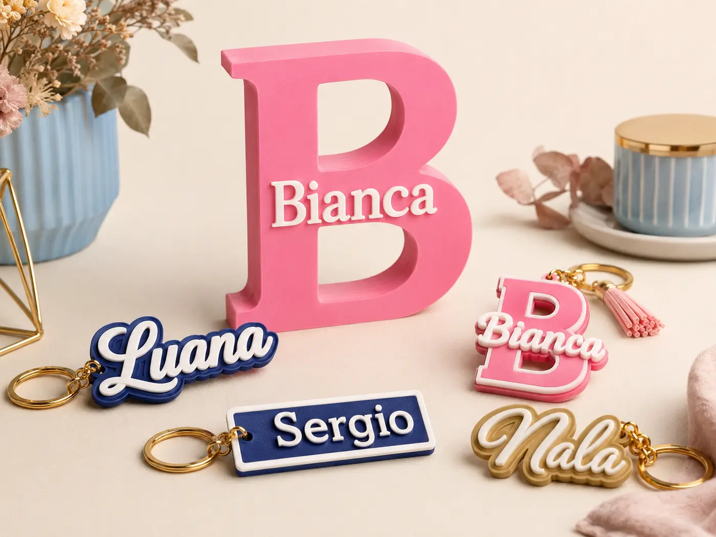 Pink letter B decoration with Bianca in white and personalised name keyrings